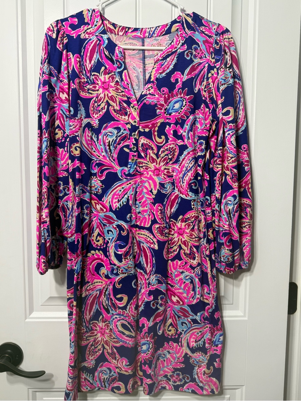 Lilly Pulitzer Dress Emery Tunic “Multi Flitting About” Pink Blue Pima Cotton S